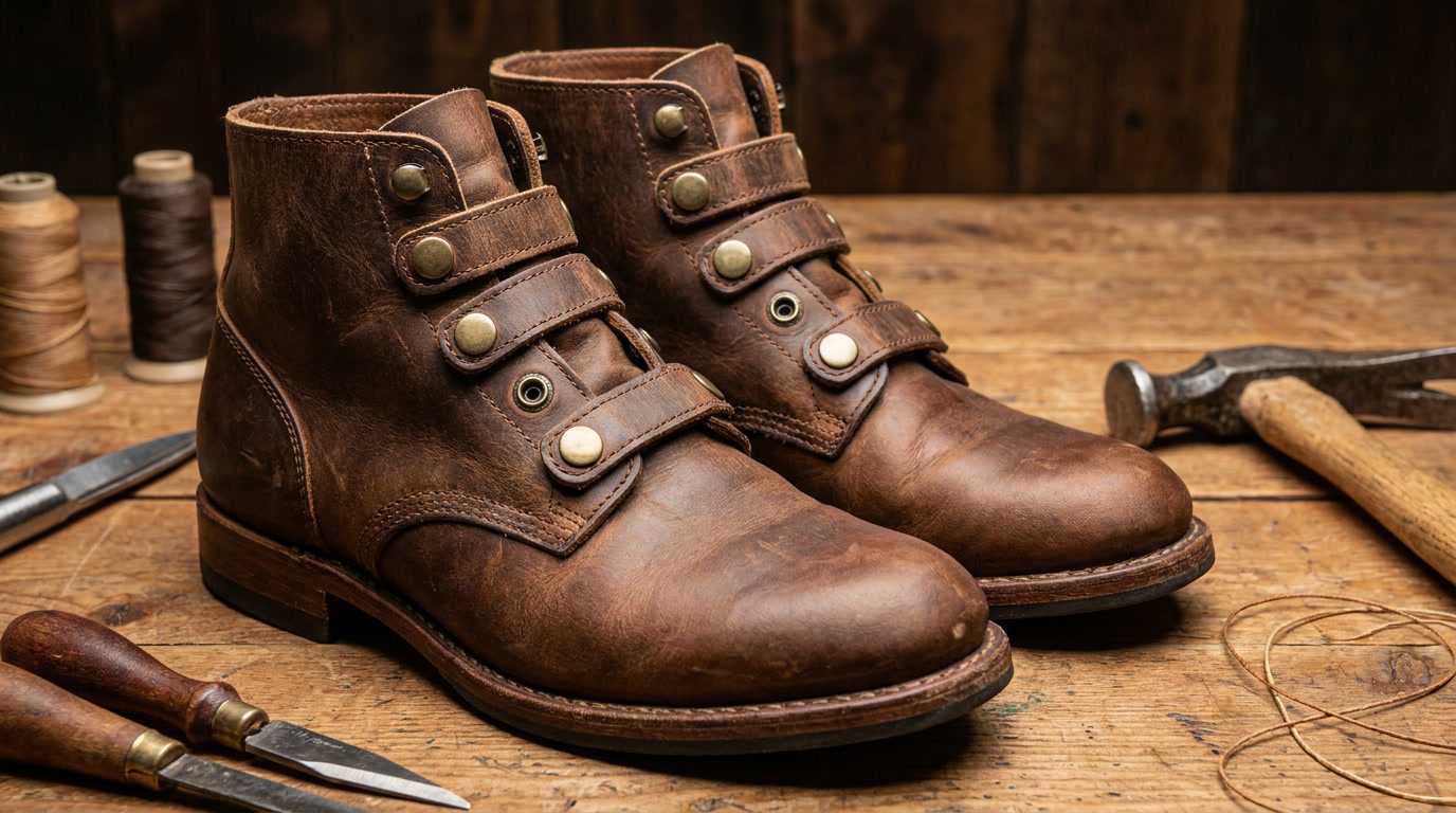 shoes with snaps, Shoes with snaps are shown as brown leather boots featuring metal snap closures across the upper straps.